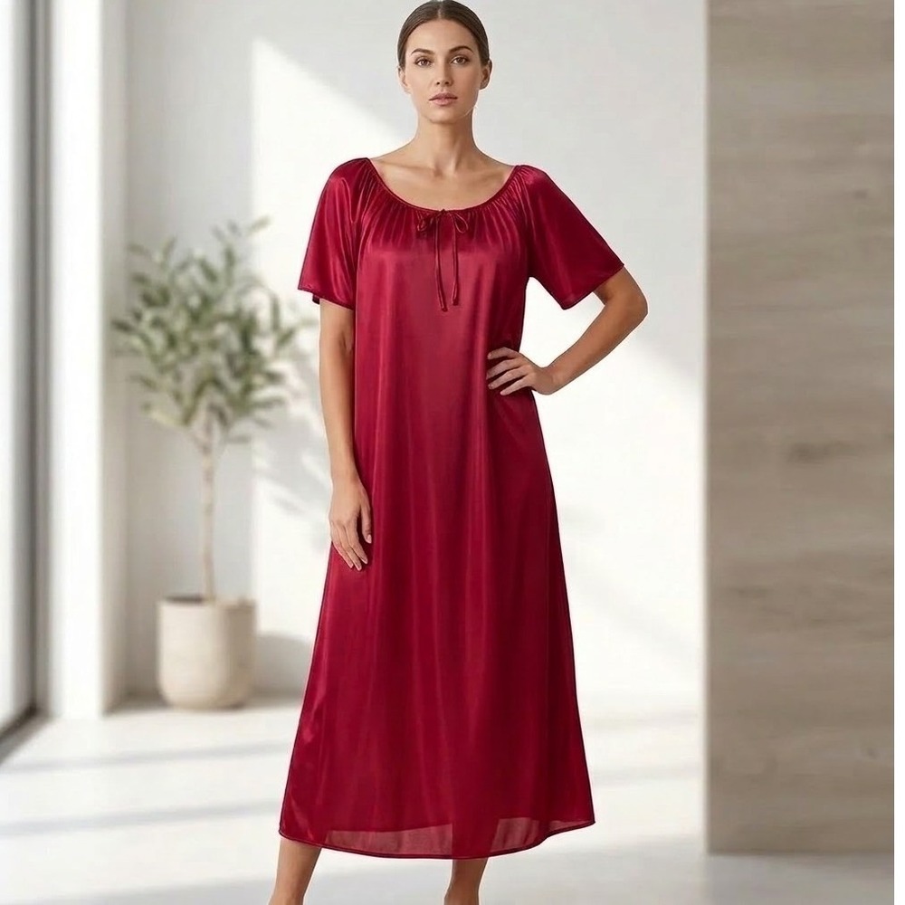 Vintage Satin Nightgown Housedress H N Short Sleeve Red Jewel Tone XXL